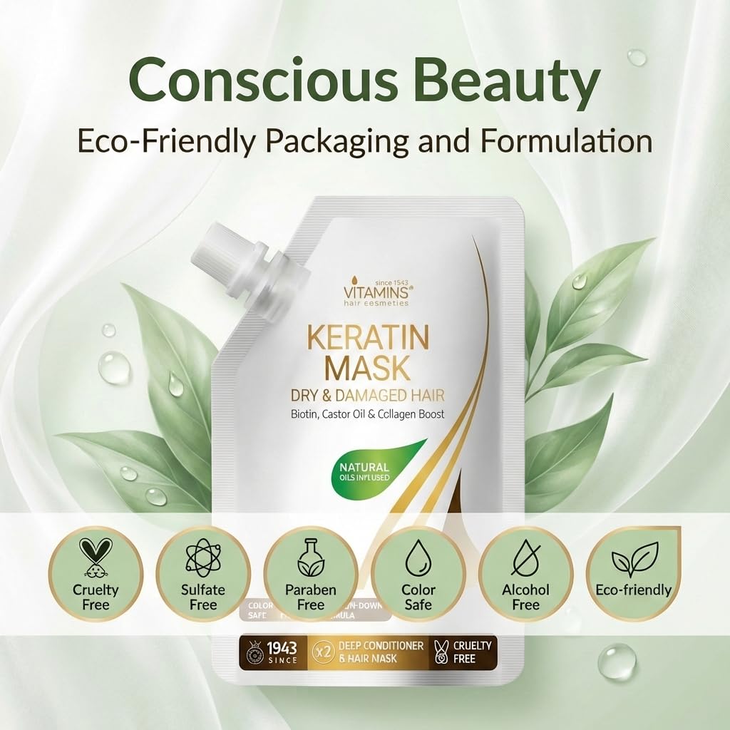 VITAMINS hair cosmetics VITAMINS Hair Cosmetics Keratin Hair Mask for Damaged Hair - Protein Keratin Treatment Deep Conditioner for Dry Locks - Collagen Biotin & Castor Oil Repair Dryness & Enhance Shine - 100 ML