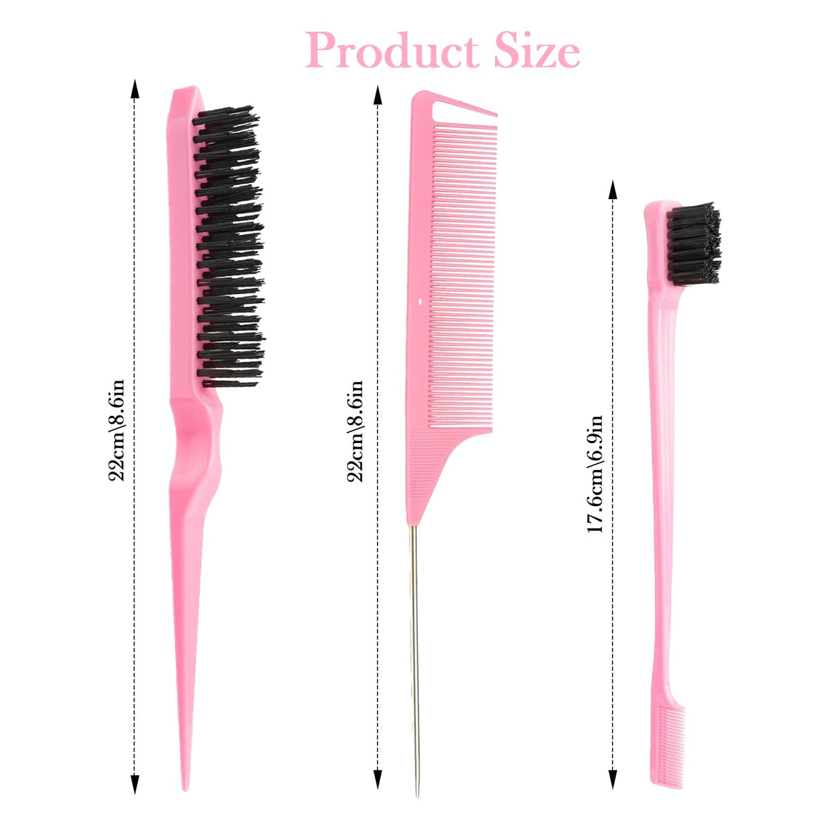 Luoqun88 3 Pcs Hair Styling Brush Set - Double Sided Edge Control Brush, Rat Tail Comb & Bristle Hair Brush for Home, Salon, and Travel (Pink)