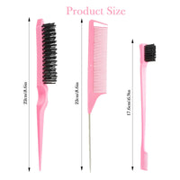 Luoqun88 3 Pcs Hair Styling Brush Set - Double Sided Edge Control Brush, Rat Tail Comb & Bristle Hair Brush for Home, Salon, and Travel (Pink)