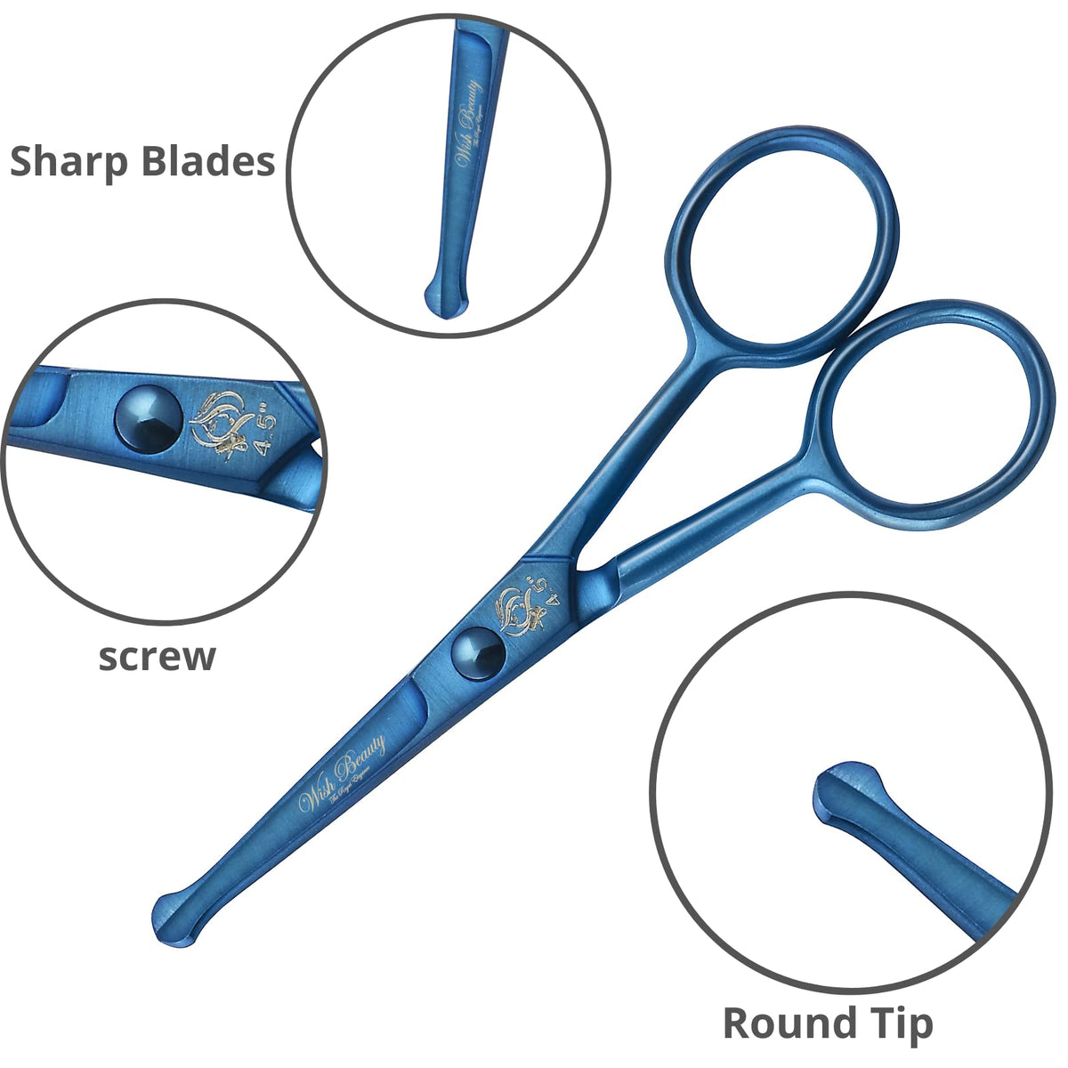 wish beauty,the royal elegance wishbeauty Kids Safety Round Tip & Curved Hair Scissors - Professional Salon Barber Scissors for Baby (Blue, 4.5")