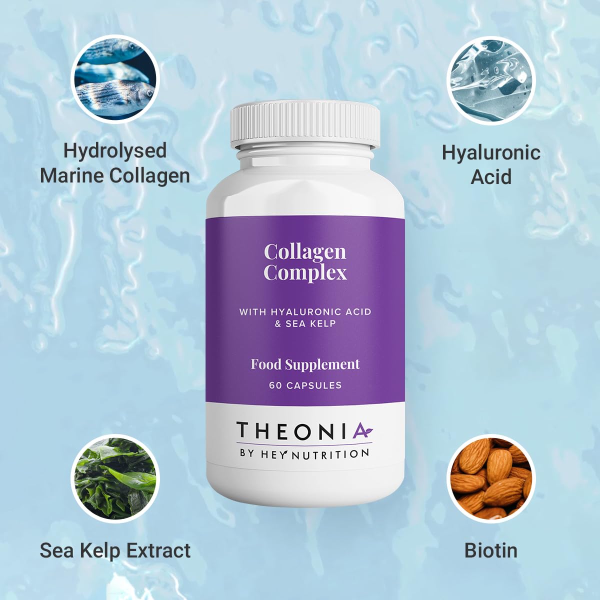 Theonia Collagen Complex Hyaluronic Acid & Sea Kelp Vitamin E, C, Biotin - Healthy Nails, Skin, Hair Joints Metabolism - Type 1 Marine Supplement - Non GMO, 60 Capsules