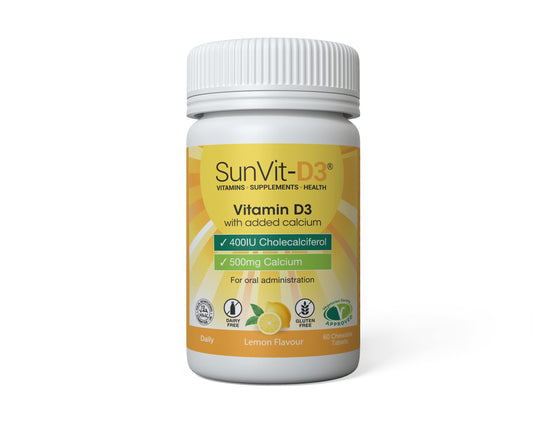 SunVit-D3 Vitamin D3 400IU with Added 500mg Calcium Lemon Tablets - Calcium and Vitamin D Tablets Support The Maintenance of Bone, Teeth, Muscle & Immune System - 60 Lemon Chewable Calcium Tablets
