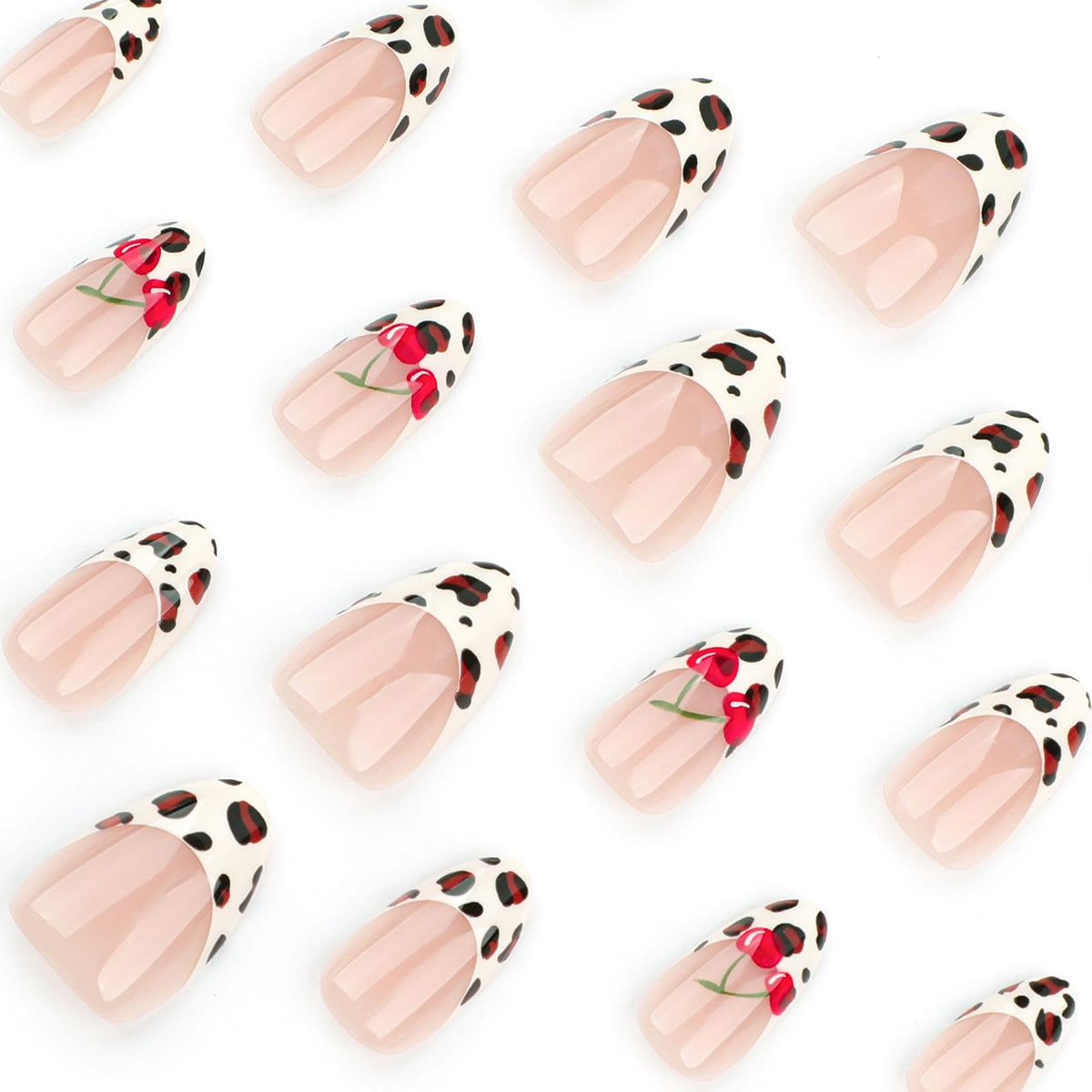 NLFOX 24pcs Short Almond Press on Nails - Leopard Print French Tip Design With Glue - 12 Sizes Cherry Pattern Full Cover Stick on for Women Girls