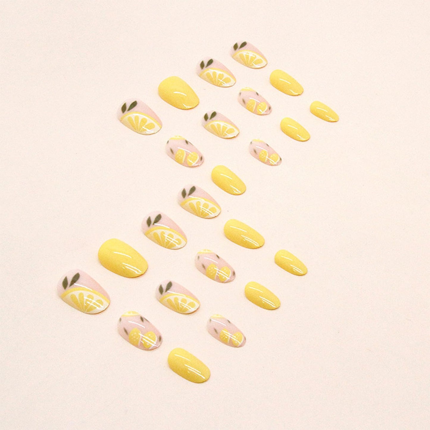 Agasar 24pcs Short Oval False Nails Yellow Stick on Nails Lemon Pattern Press on Nails Removable Glue-on Nails Fake Nails Acrylic Full Cover Nails Women Girls Nail Art Accessories