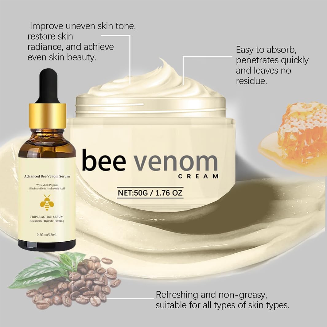 PLVNNZ Bee Venom Cream,2Pcs Bee Venom Serum & Anti-Wrinkle Face Cream Set, Niacinamide & Multi-Peptide Skincare Kit for Deep Hydration, Firming, Dark Spot Correction – Day & Night Moisturizer for