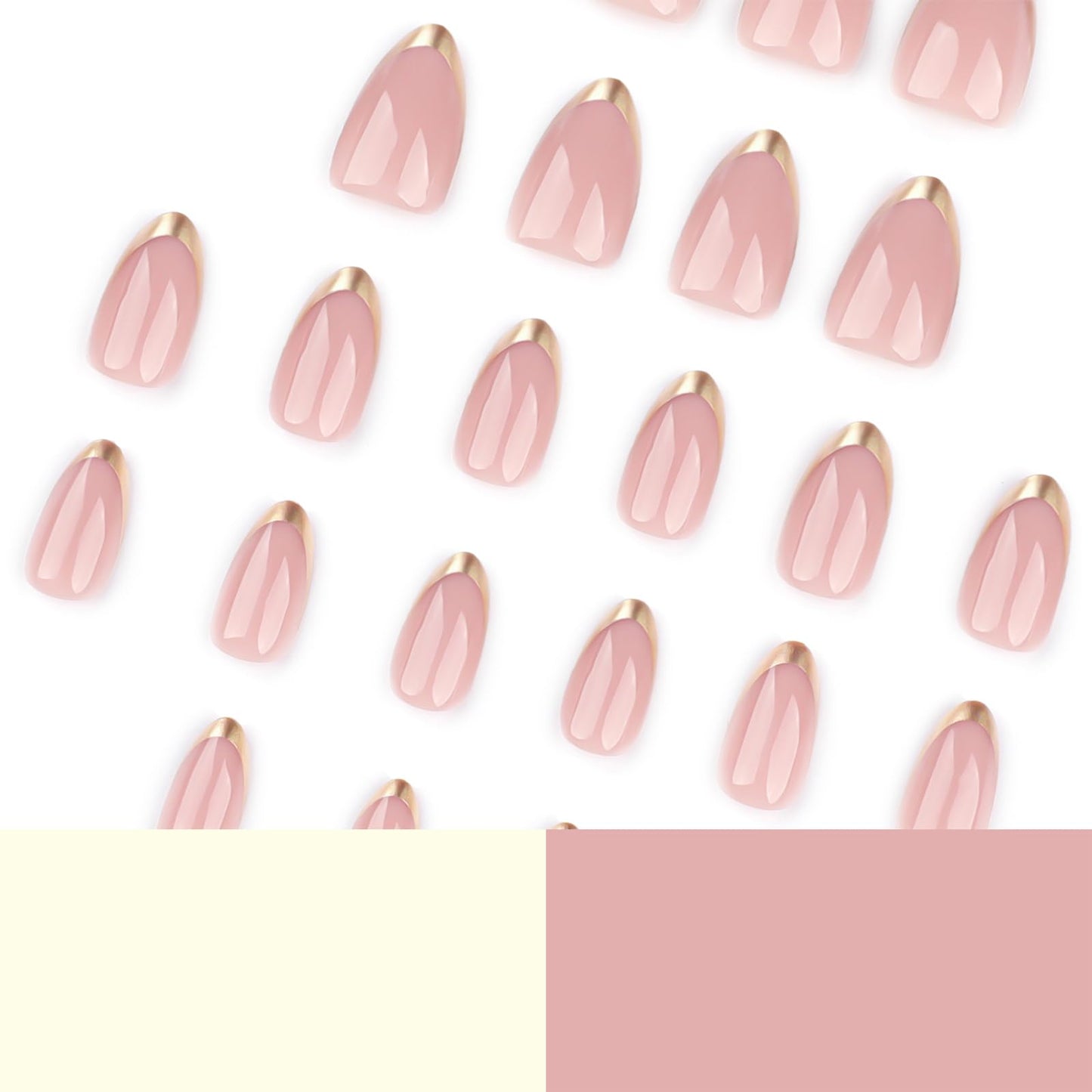 EONFAVE 24pcs False Nails French Tip - Nude Gold Edge Press on Nails Short Almond - Strong Fake Nails with Glue - Full Cover Stick on Nail for Women French Nail Art