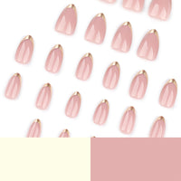 EONFAVE 24pcs False Nails French Tip - Nude Gold Edge Press on Nails Short Almond - Strong Fake Nails with Glue - Full Cover Stick on Nail for Women French Nail Art