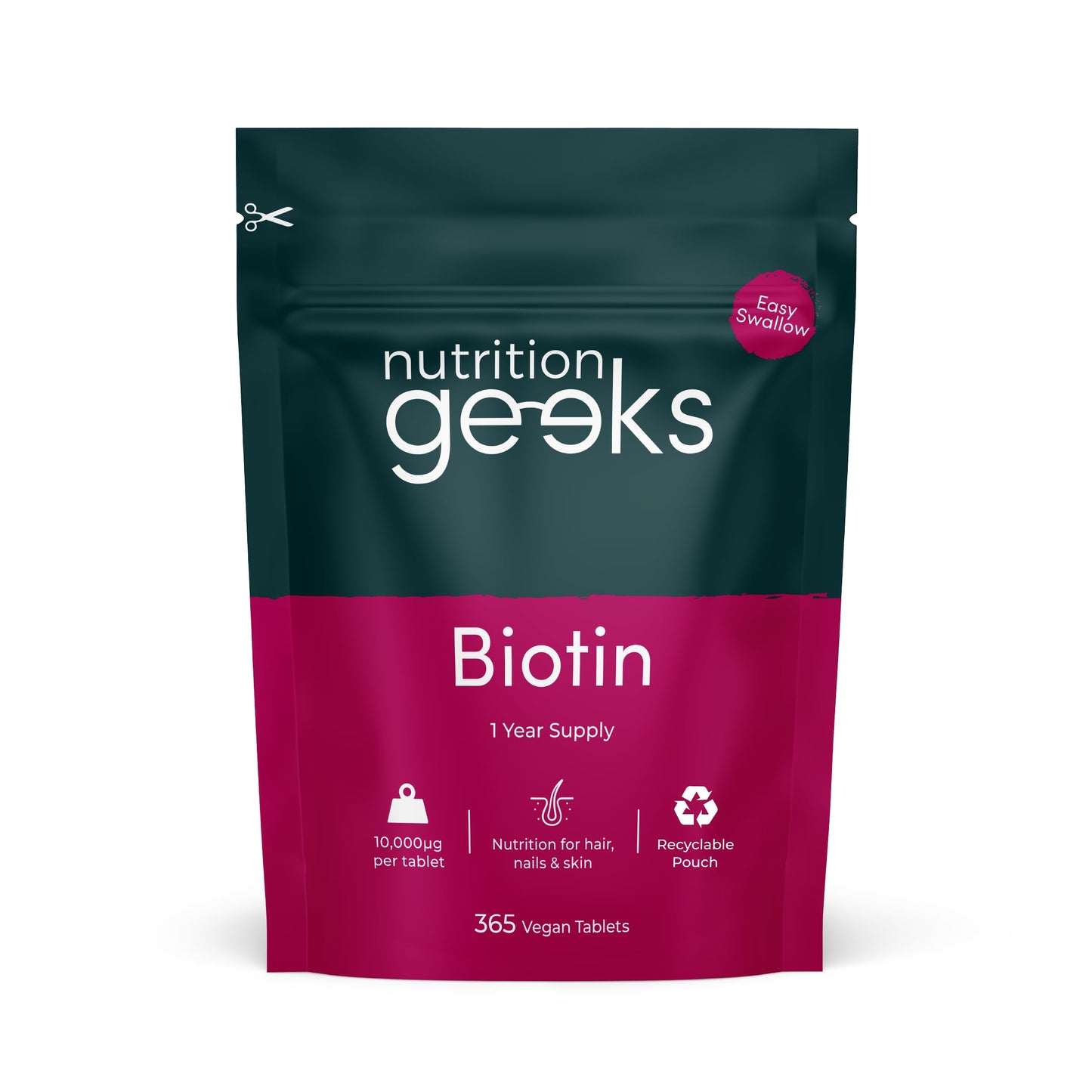 Nutrition Geeks Biotin Hair Growth Supplement - 1 Year Supply High Strength Biotin 10,000mcg Per Tablet, Hair Skin and Nails Vitamins for Women & Men, 365 Vegan Biotin Tablets - Easy to Swallow UK Made Hair Vitamins