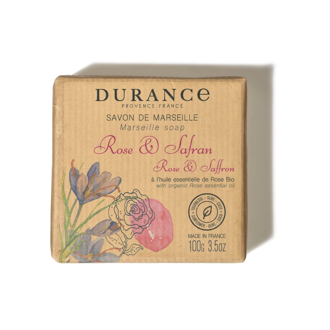 DURANCE Durance Solid Marseille Soap With Organic Rose Essential Oil 100g – Enriched With Olive Oil & Red Rice Extract – Paraben-Free Solid Soap For All Skin Types