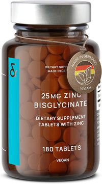 CLAV Zinc 25mg Vegan Certified - 180 Elemental Zinc Tablets in a Jar (6 Months Supply) - High Strength Zinc Bisglycinate Mineral Supplement - Supports Immune System, Hair, Skin & Nails for Women & Men