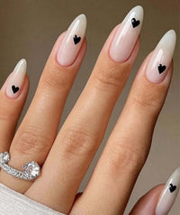 JUSTOTRY 24 Pcs Almond Press on Nails Short with Black Heart Designs,Milky False Nails Oval,French Stick on Nails for Women and Teens,Valentine's Day Fake Nails for Nails Art