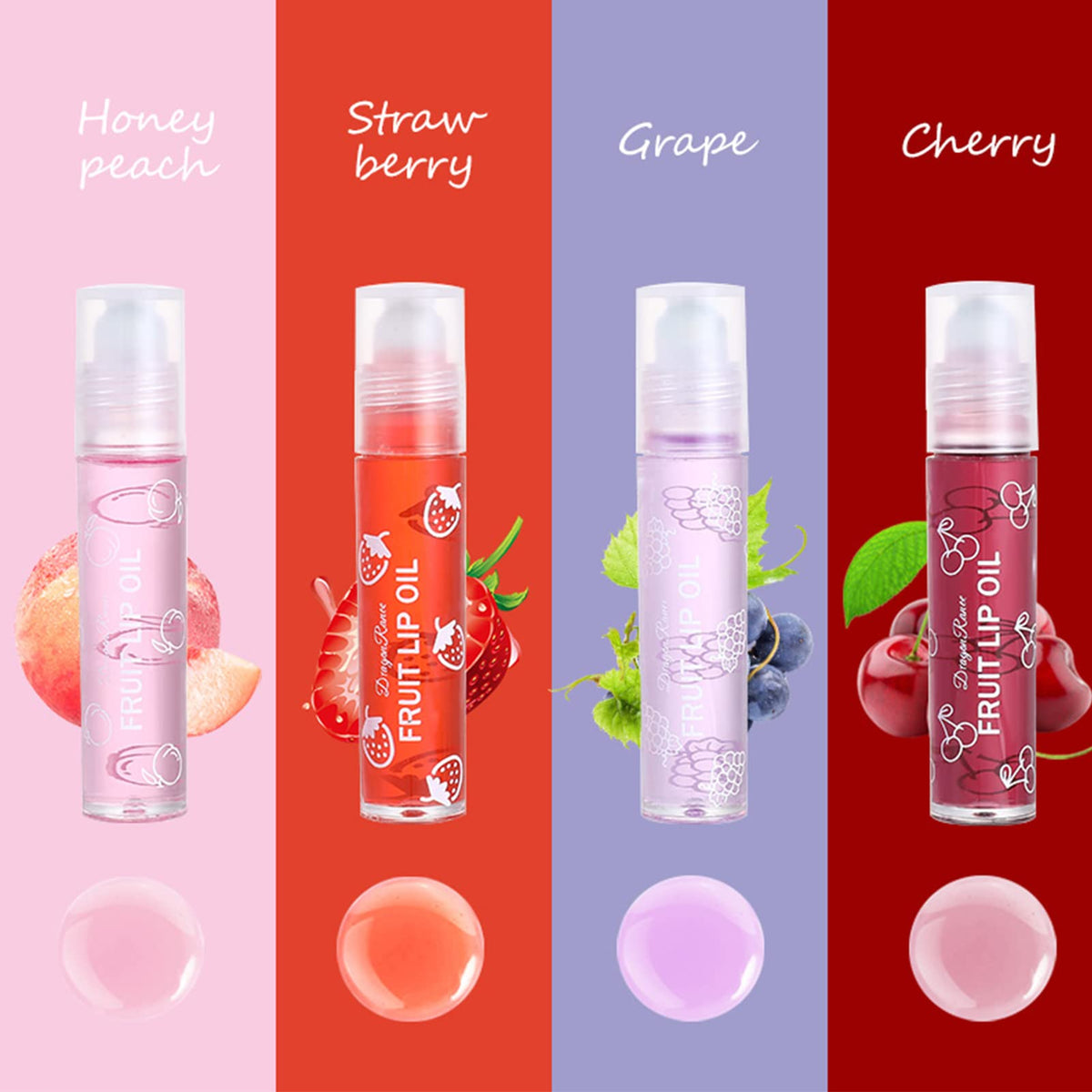 KTouler 4 Pcs Fruit Lip Oil Set Lip Gloss Crystal Jelly Liquid Lipstick, Set Moisturizing Hydrating Non-Stick cup Long Lasting Lip Kit for Women and Girls (Lip Oil, 4Pcs)