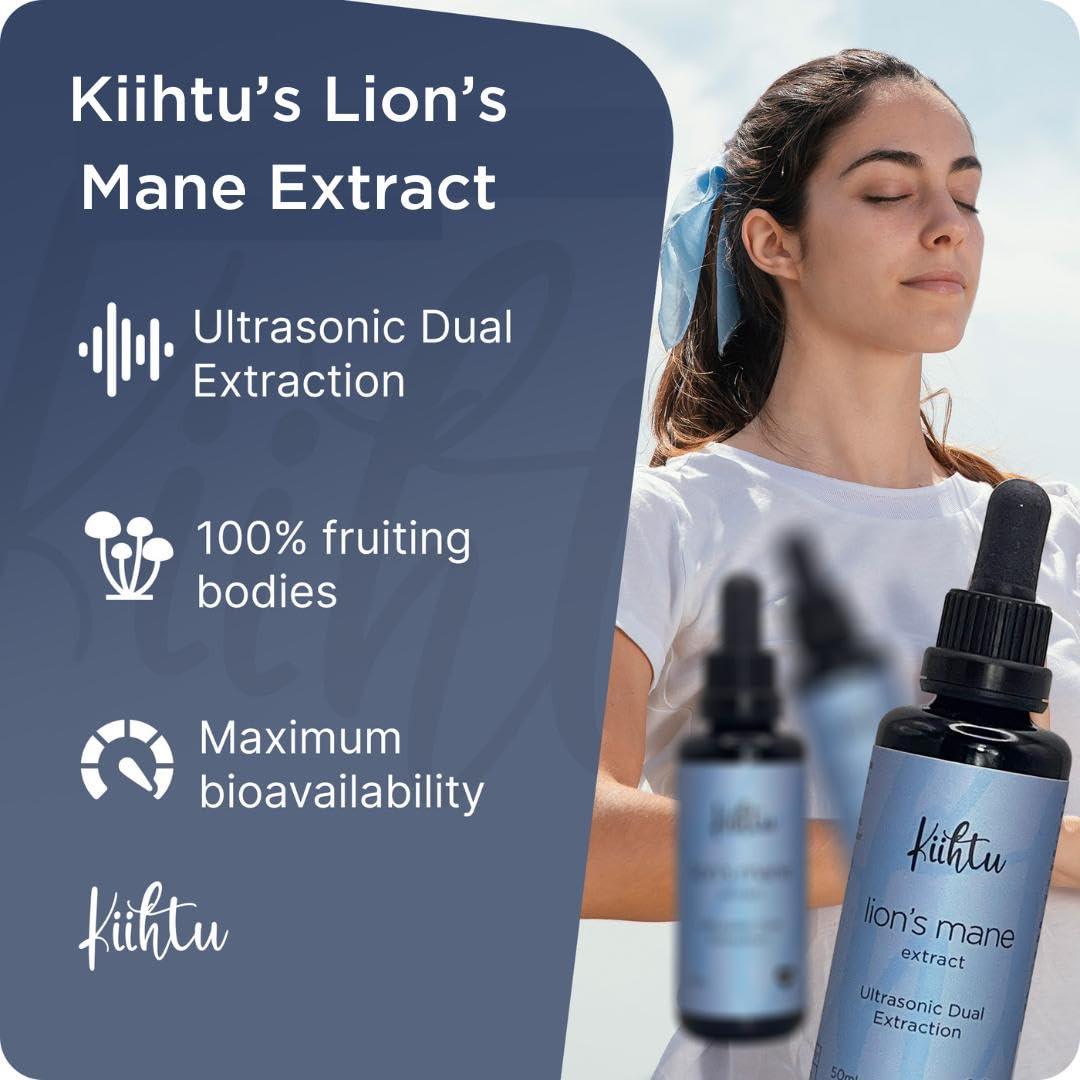 Kiihtu Lion's Mane Liquid Extract Tincture - 50ml | High Strength 2000mg Per Serving, Premium Mushroom Tincture Drops | Highest Bioavailability & Absorbency Supplement | UK