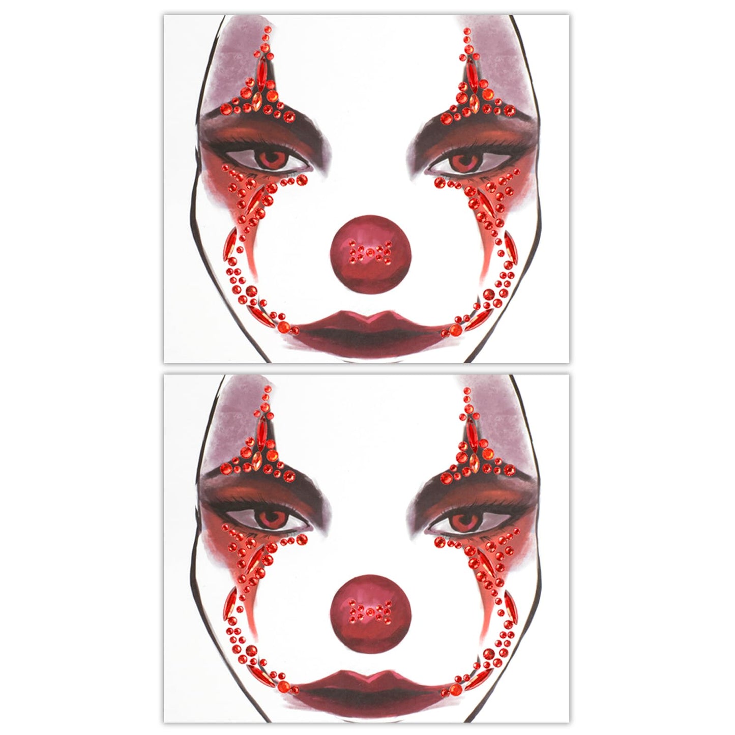 HOWAF 2 PCS Halloween Face Stickers Jewels, Clown Face Tattoos Rhinestone Temporary Tattoos for Clown Costume Halloween Costumes Men Women Kids, A