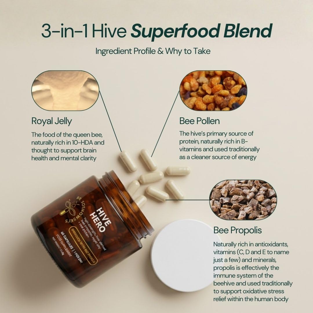 Dr Sosnowski's Hive Hero – Propolis, Royal Jelly & Bee Pollen Supplement – Triple Hive Action for Daily Wellness – 60 Vegetable Capsules