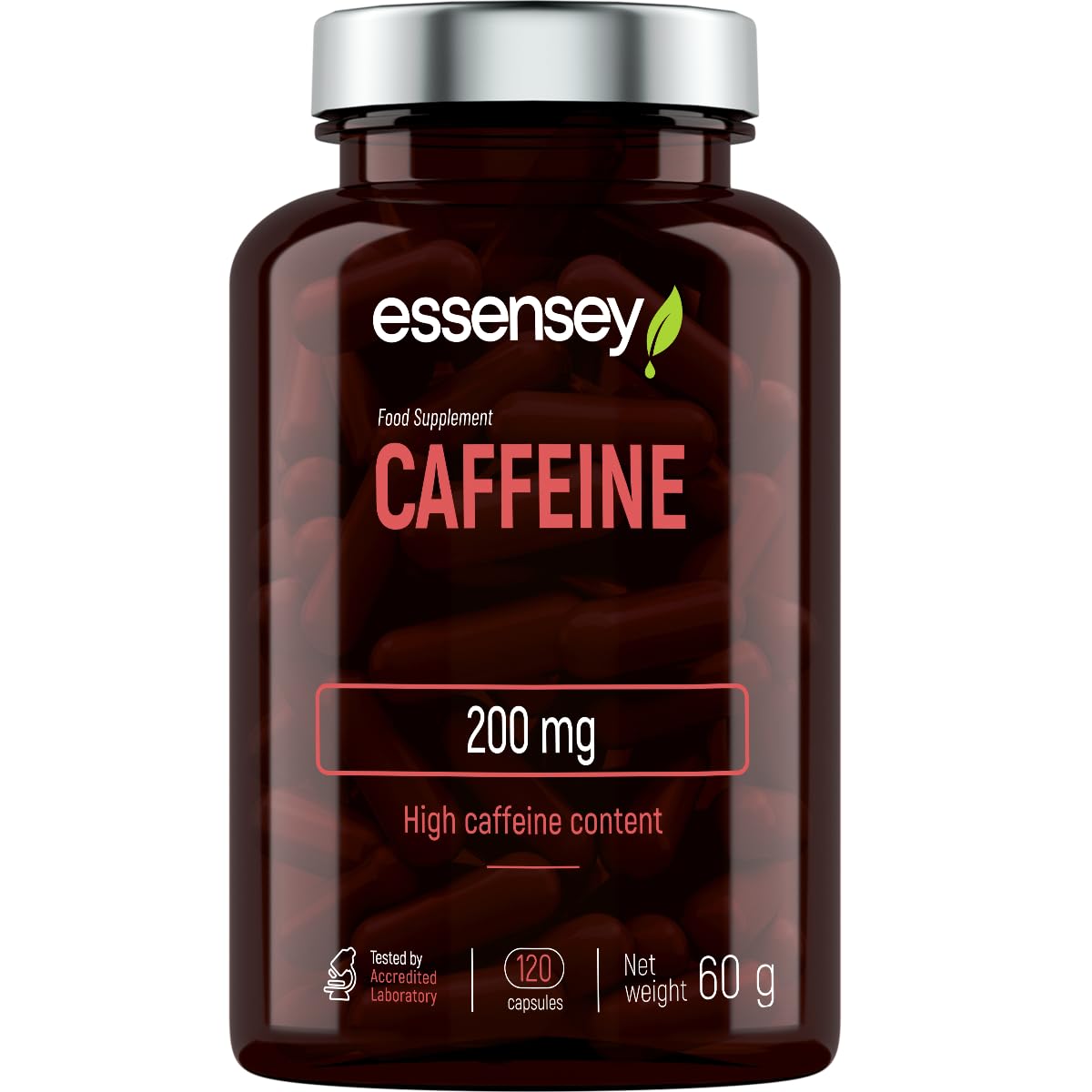 Essensey Caffeine 200mg Capsules - High Dose of Caffeine - Added Grapefruit Extract 50mg - Energise Your Day with a Natural Boost of Physical and Mental Performance - Dietary Supplement - 120 capsules