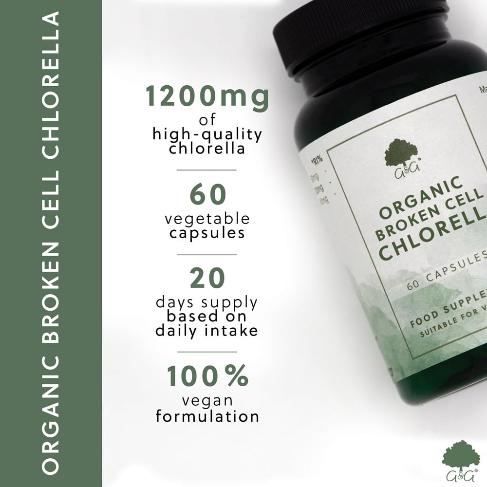 Organic Broken Cell Chlorella - 1200mg Organic Chlorella per 3 Capsule Dose - 60 Vegan Capsules - Non-GMO, Made in The UK by G&G Vitamins