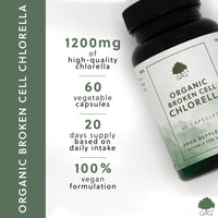 Organic Broken Cell Chlorella - 1200mg Organic Chlorella per 3 Capsule Dose - 60 Vegan Capsules - Non-GMO, Made in The UK by G&G Vitamins