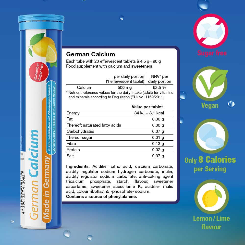 Calcium 500 mg - 2 x 20 effervescent Tablets - Lemon Flavor - T&D Pharma German Calcium - Made in Germany