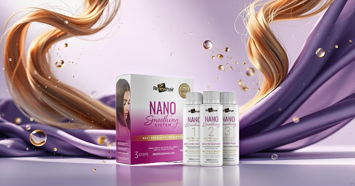 RENEW HAIR PROFESSIONAL NANO Smoothing System Hair Straightening Brazilian Treatment Hair Straightening ,Smooths, Strengthens, Softens Formaldhendy Free Keratin Smooth Renew , Vegan 3x 120ml