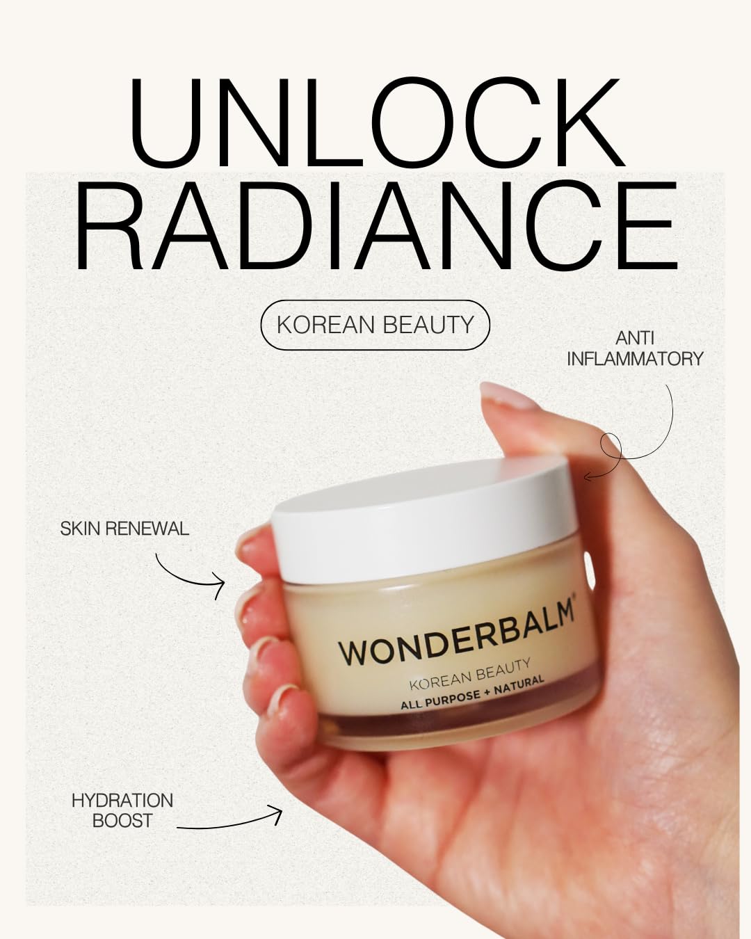 WONDERBALM Multi Use Balm All Purpose Skin Moisturising Cream for Face Body Hair Lips & Cuticles Hydrating Fast Absorbing Vegan Natural Skincare Korean Beauty Multi Award Winning British Brand (50ml)
