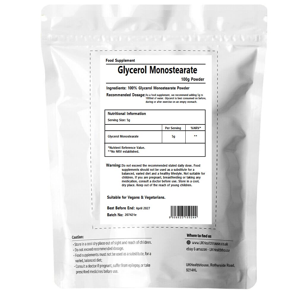 UKHealthHouse Glycerol Monostearate Powder, GMS, Pure Range, Vegan, High Strength Supplement, Packaging Vary (100g)