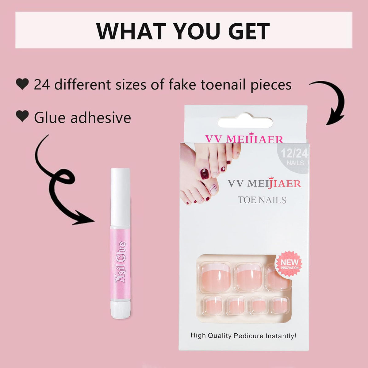 EONFAVE French Tip False Toenails - 24pcs Short Square Nude Pink White Toe Nails False - Natural Full Cover Acrylic Nails - Spring Summer Seaside Toe Nail Extensions for Women Girls