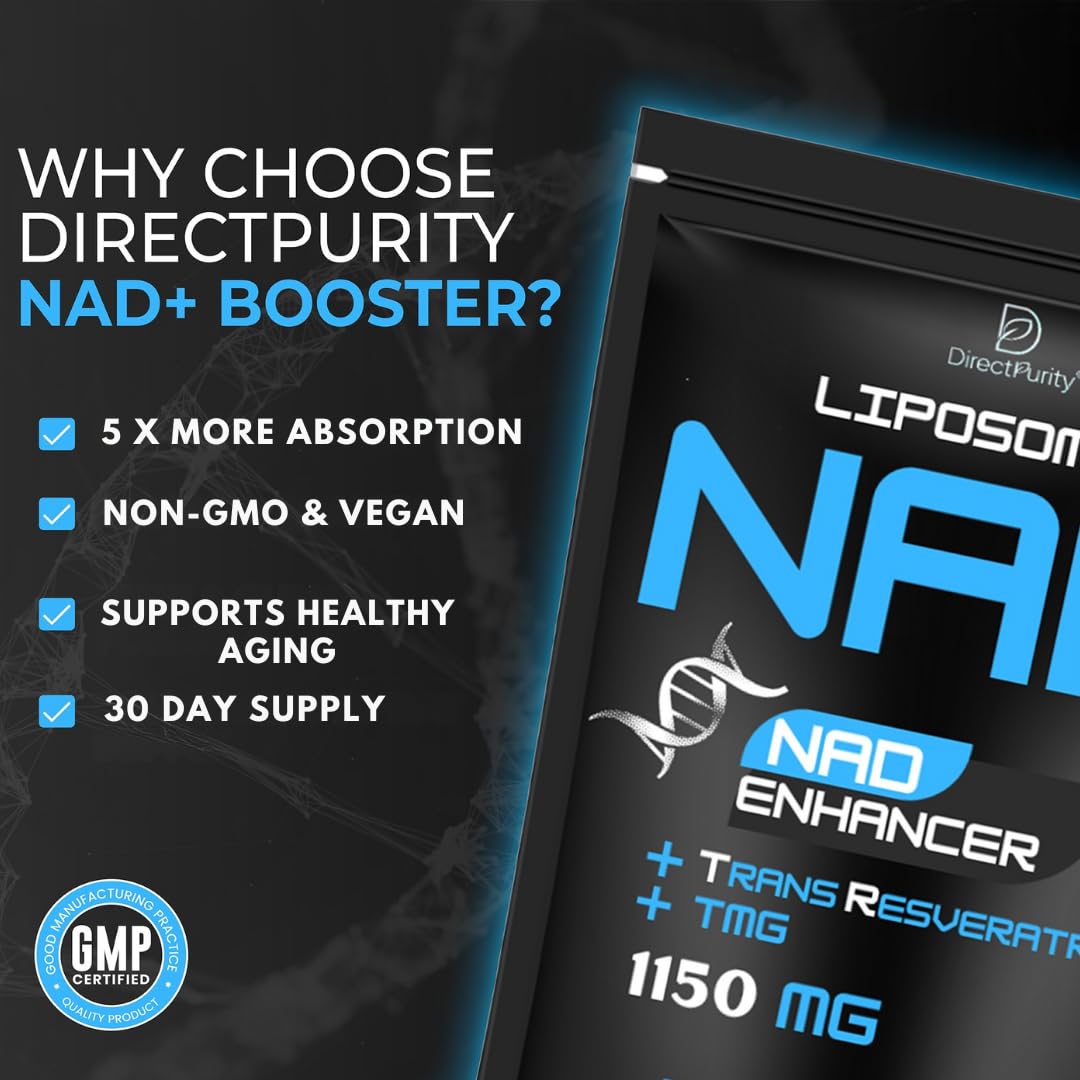 Directpurity Direct Purity NAD Supplements – 1150 mg Healthy Aging Liposomal NAD with Trans Resveratrol TMG and Piperine Blend Supports Cellular Health DNA Repair Energy and Metabolism – 60 Vegan Capsules
