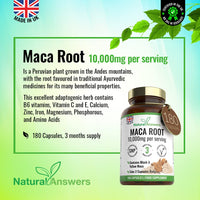 Natural Answers 180 Maca Root Capsules - (3 Months Supply) Vegan 10,000mg Maca Capsules - High Strength Peruvian Black & Yellow Maca Root - Made in The UK