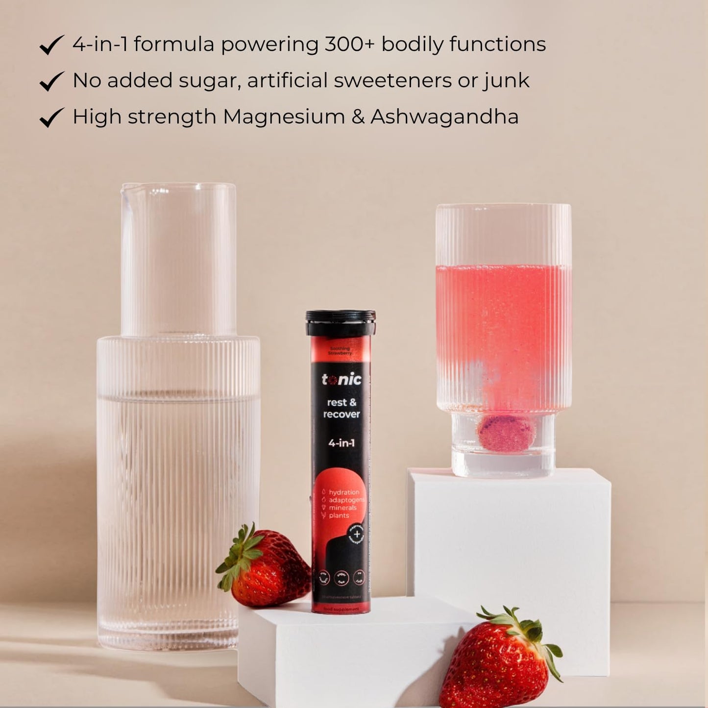 Tonic Health Rest and Recovery Effervescent Tablets - 300mg Elemental Magnesium, Ashwagandha, Lemon Balm - No Sugar, Magnesium Glycinate - Relax and Recharge, Strawberry 60 Count