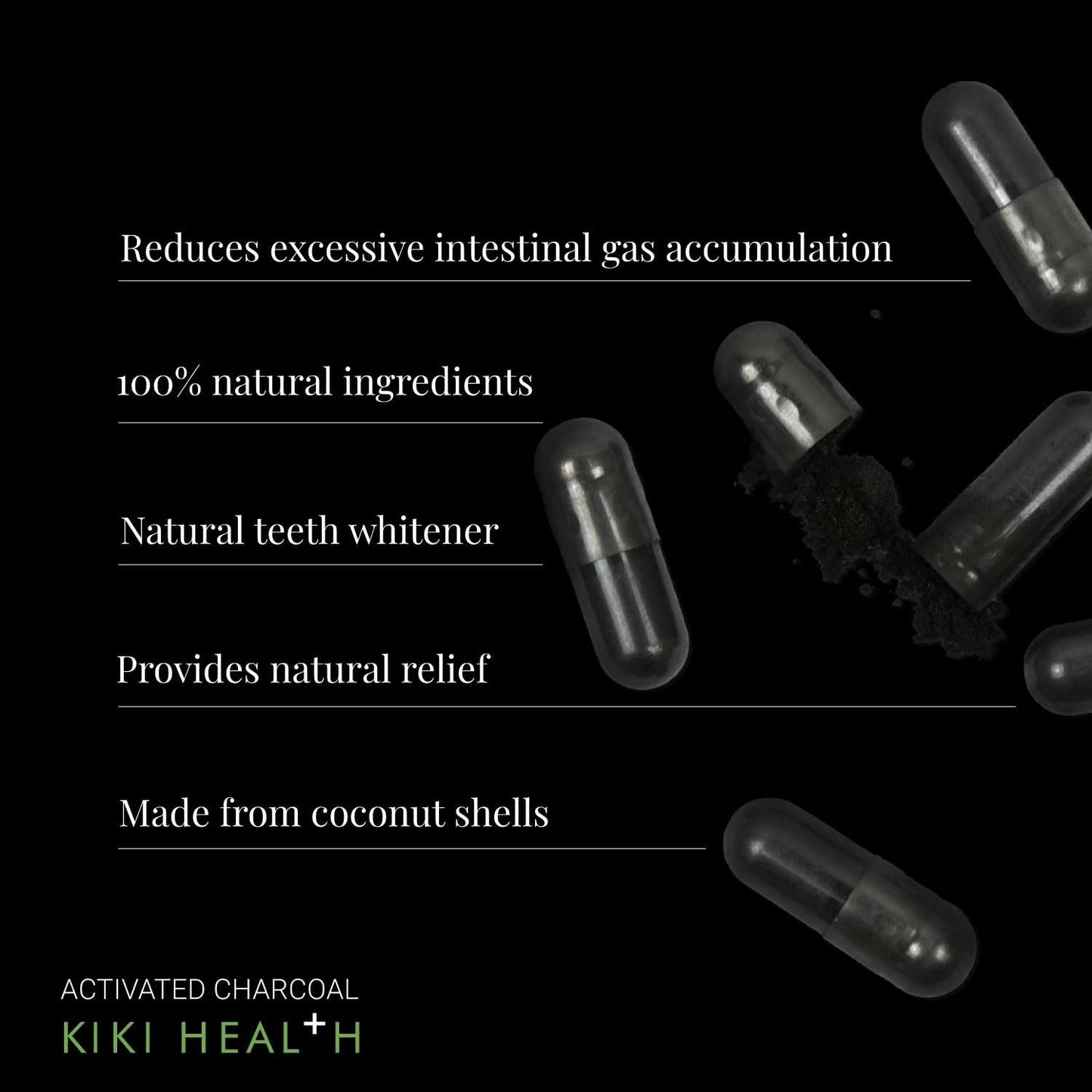 KIKI HEALTH KIKI Health - Activated Charcoal 300mg - Made from 100% Pure Coconut Shells - Contributes to Reducing Excessive Flatulence After Eating - Natural Teeth Whitener - 50 Capsules