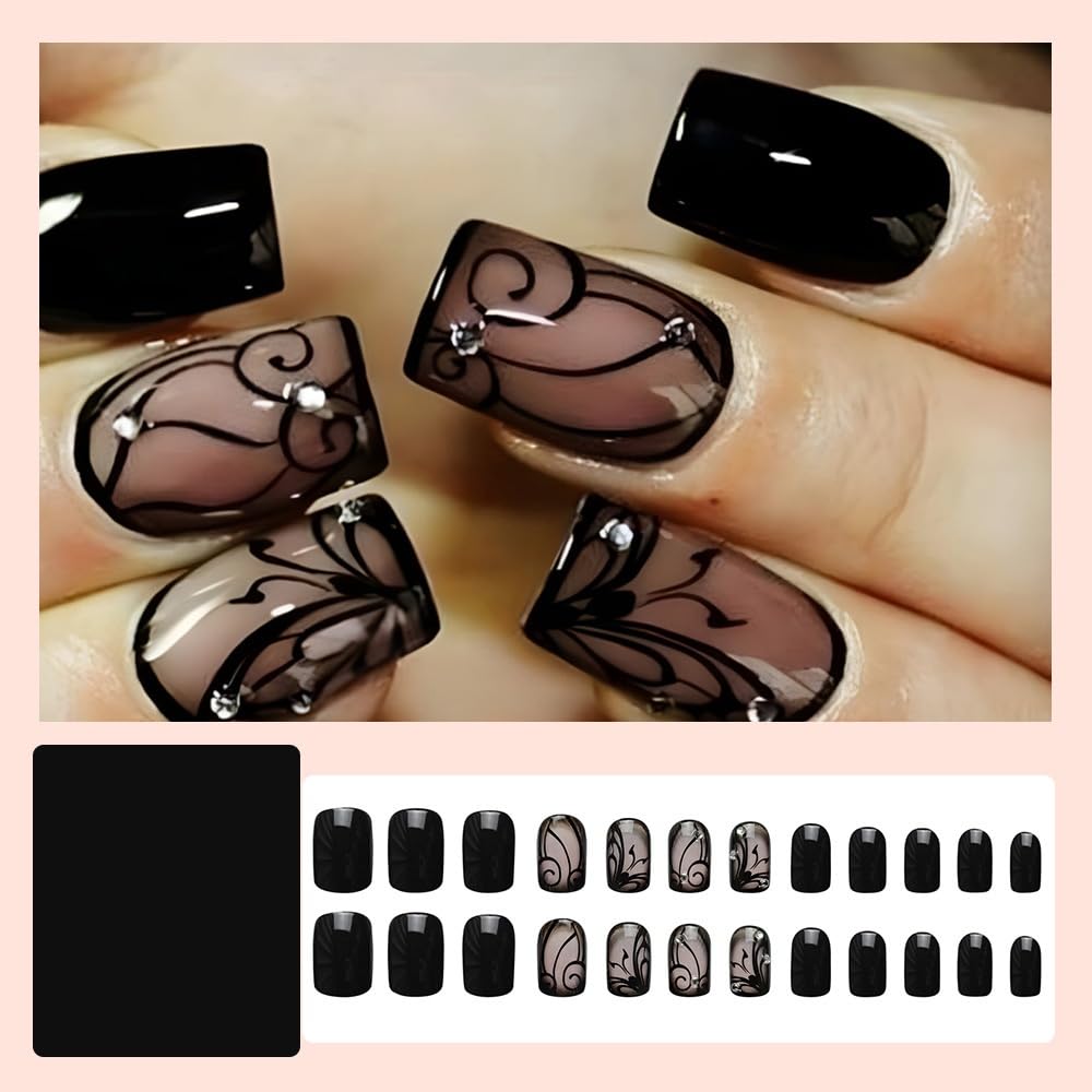 JUSTOTRY 24 Pcs Short False Nails with Butterfly and Diamond Pattern,Black Square Press on Nails,Glossy Fake Nails Medium for Nails Art,French Squoval Stick on Nails for Women Gifts