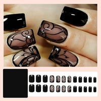 JUSTOTRY 24 Pcs Short False Nails with Butterfly and Diamond Pattern,Black Square Press on Nails,Glossy Fake Nails Medium for Nails Art,French Squoval Stick on Nails for Women Gifts