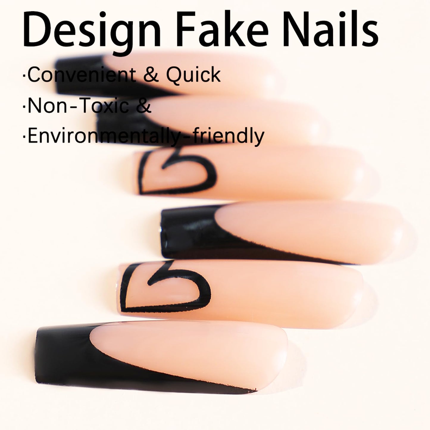 EONFAVE 24pcs French Tip False Nails - Press On Nails Long - French Style Black Edge Heart Stick On Nails With Glue - Long Coffin Shaped Elegant Design Fake Nails
