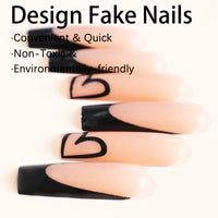 EONFAVE 24pcs French Tip False Nails - Press On Nails Long - French Style Black Edge Heart Stick On Nails With Glue - Long Coffin Shaped Elegant Design Fake Nails