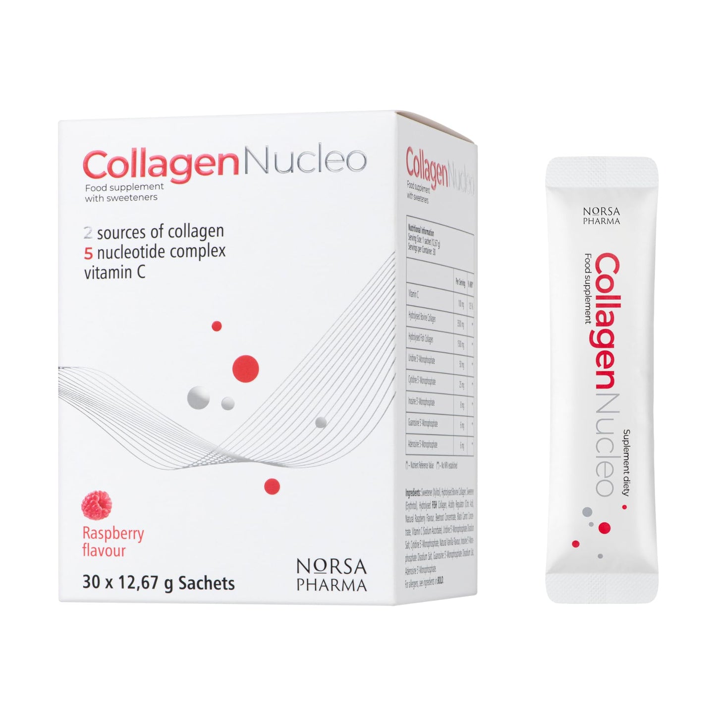 Norsa Pharma Collagen Nucleo (Raspberry / 30 Sachets) | Bovine & Marine Collagen Powder Supplement with 5 Nucleotides + Vitamin C | Collagen Supplement for Women & Men’s Skin, Joint & Immunity