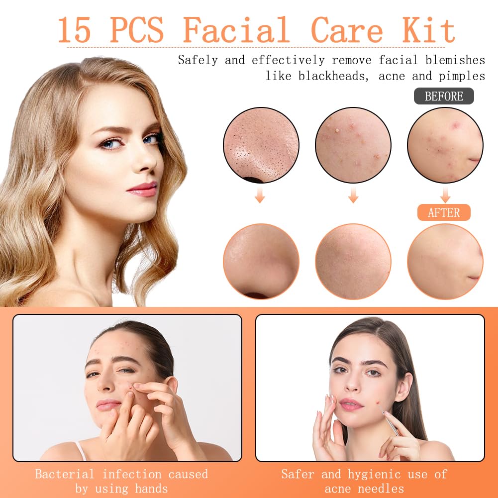 LOPHE Blackhead Remover Tool Kit, 15PCS Pimple Popper Tool Kit Stainless Steel Comedone Extractor Tweezers Acne Needle Pimple Popping Kit for Removing Pimple Blackheads Zit on Forehead Facial Nose
