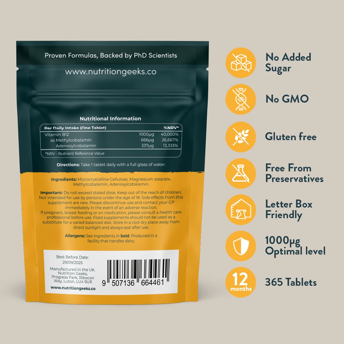 Vitamin B12 Tablets High Strength - 1 Year Supply (365 Tablets) - 1000mcg Dual Power B12 Vitamin Complex with Methylcobalamin & Adenosylcobalamin - Vegan B12 Supplement - Energy Support - UK Vit B12