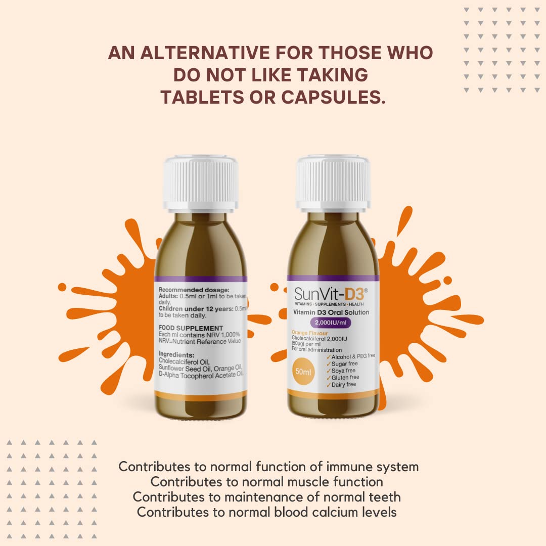 SunVit-D3 Vitamin D3 2000iu Oral Solution Vitamins for Kids - Cholecalciferol Vitamin D3 Drops Support The Maintenance of Bone, Teeth, Muscle & Immune System - Kids Vitamin (50ml Orange Flavor)