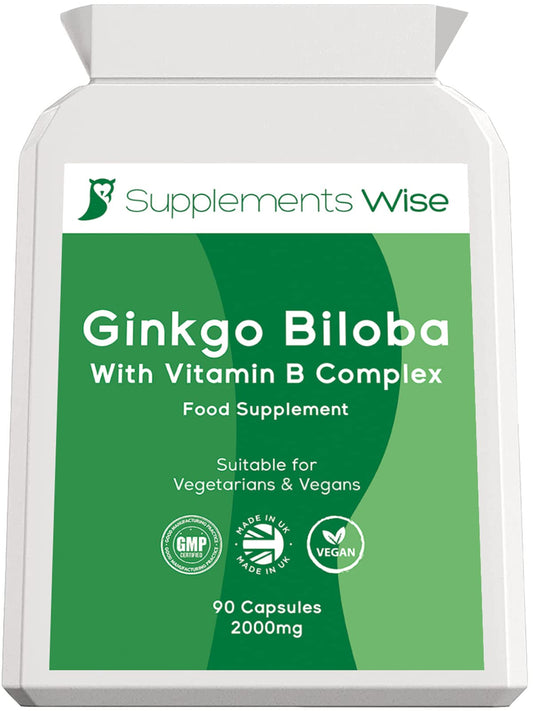 Supplements Wise Ginkgo Biloba Capsules 90 x 2000mg - Dizziness and Vertigo Treatment - Focus Tablets, Concentration Pills for Brain, Memory - Blood Circulation -Ginkgo Biloba Herbal Supplements with Vitamin B Complex