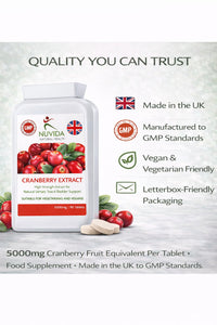 NUVIDA NATURAL HEALTH Nuvida High Strength Cranberry Tablets for Urinary infections, Cystitis and UTI Support - 90 Vegan Cranberry Extract Tablets - Cranberry Tablets for Women and Men