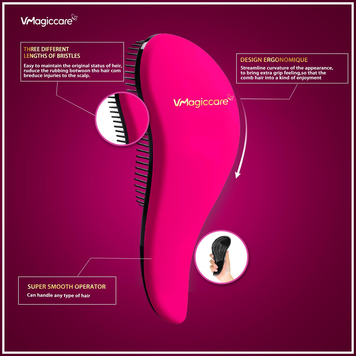 VMAGIC CARE Detangling Brush - glide the Detangler Brush through Tangled hair - Best Comb for Women, Girls, Men & Boys - Use in Wet and Dry Hair (Rose Red)