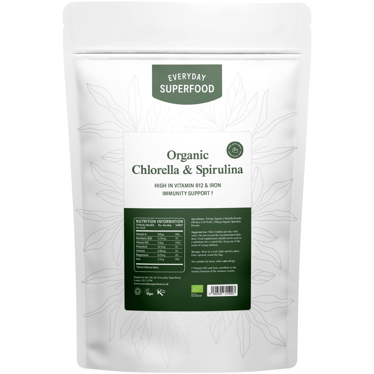 Everyday Superfood Organic Chlorella & Spirulina Tablets 500mg, 360 Broken Cell Wall Chlorella & Raw Spirulina Cold Pressed Tablet
