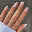 Albiuev 24PCS Short False Nails with Glue Stickers,Coffin Full Cover Acrylic Nails Press on Nails no Glue,White Blue Wave French Fake Nails Stick on Nails for Women and Girls Nail Art.