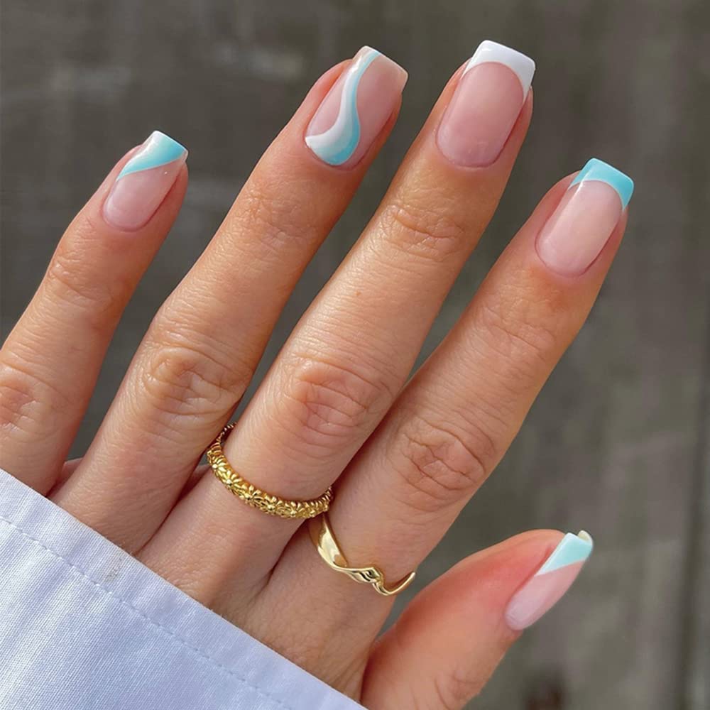 Albiuev 24PCS Short False Nails with Glue Stickers,Coffin Full Cover Acrylic Nails Press on Nails no Glue,White Blue Wave French Fake Nails Stick on Nails for Women and Girls Nail Art.