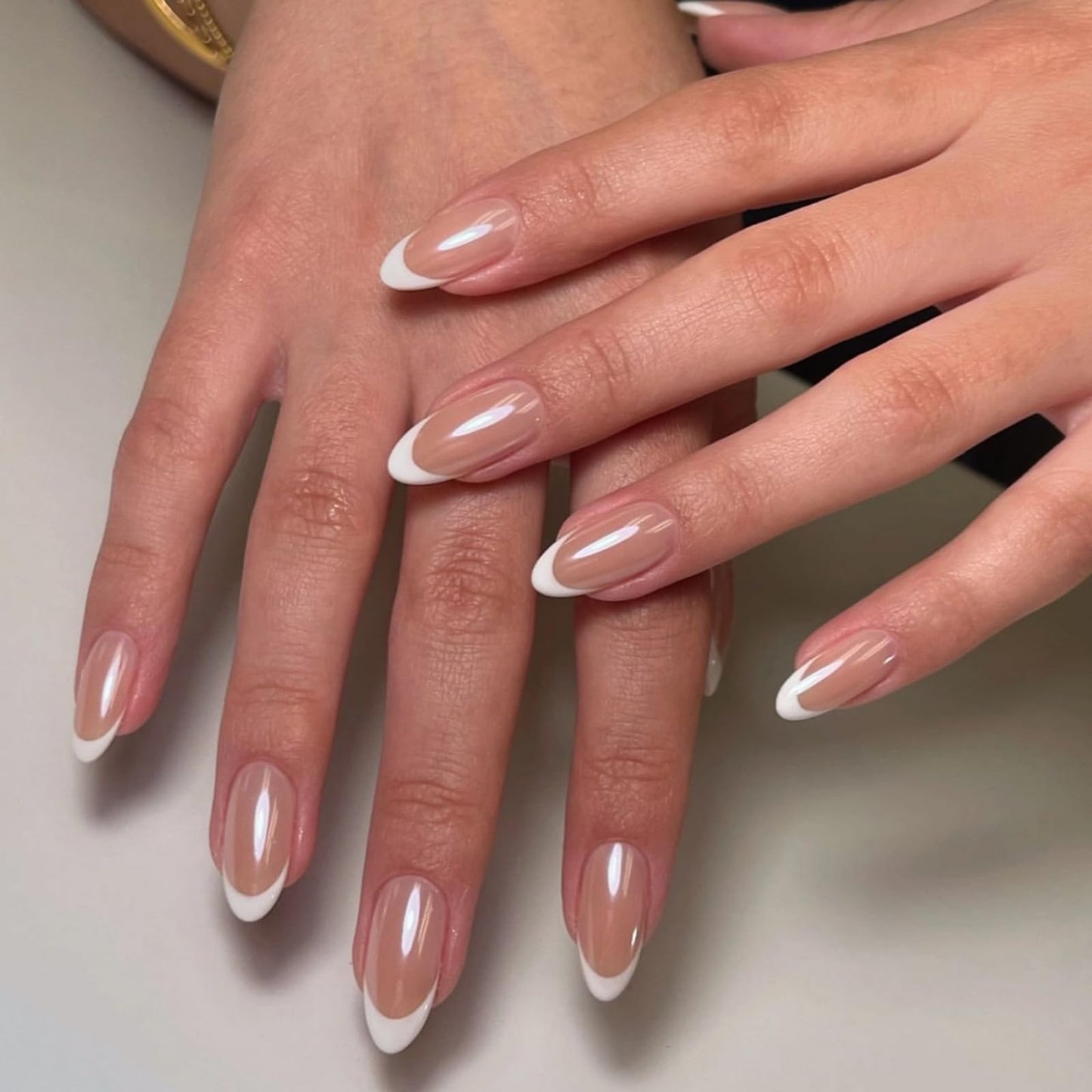 EONFAVE 30 Pcs Chrome Press on Nails - French Tip False Nails - 24pcs Medium Almond Press On - Fake With Glue - Acrylic Glossy Nude With White Tips Designs - Full Cover Glue On