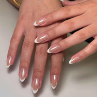 EONFAVE 30 Pcs Chrome Press on Nails - French Tip False Nails - 24pcs Medium Almond Press On - Fake With Glue - Acrylic Glossy Nude With White Tips Designs - Full Cover Glue On