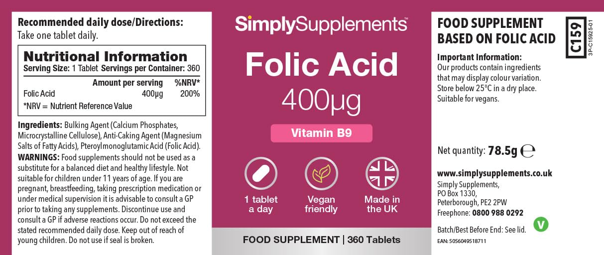 Simply Supplements Folic Acid 400µg (Vitamin B9) | Supports Maternal Folate Status | Suitable for Vegans & Vegetarians | 360 Tablets = 12 Months' Supply | Pregnancy Care | Manufactured in The UK