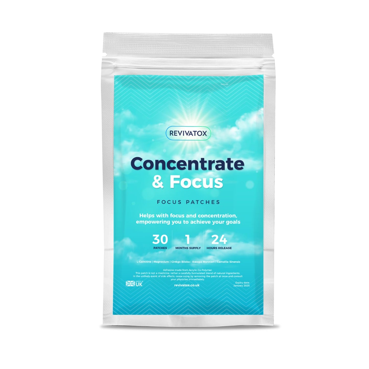 Focus Patches | Natural Focus Supplement for Enhanced Concentration & Brain Boost | 24-Hour Focus Patch with Bacopa, Ginkgo & L-Carnitine | 30 Pack | Revivatox®