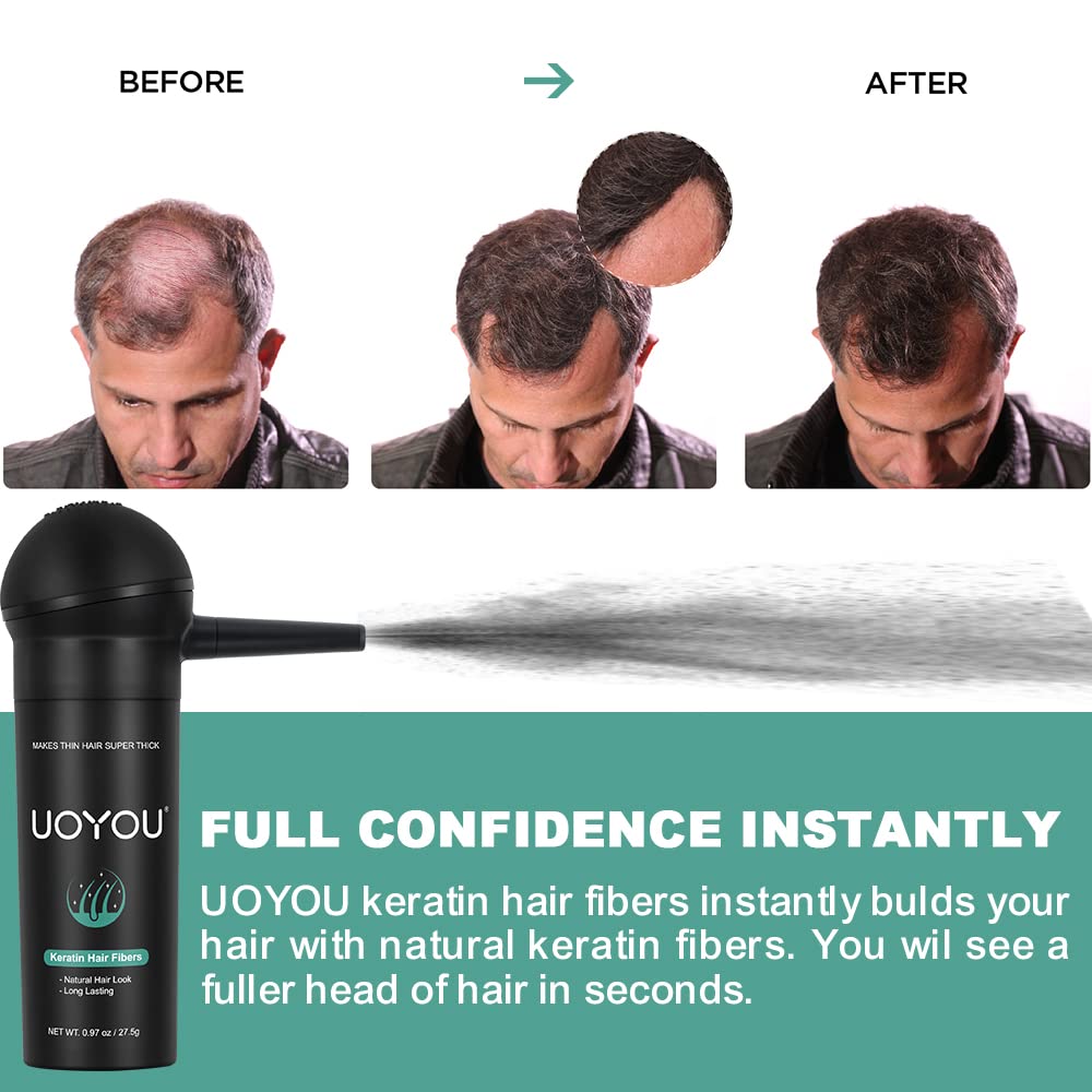 UOYOU MEDIUM BROWN Hair Fibres for Thinning Hair 27.5g Bottle with Applicator | Natural Keratin Hair Fibers Concealer for Hair Loss for Men and Women | Hair Building Fibres Powder [MEDIUM BROWN]